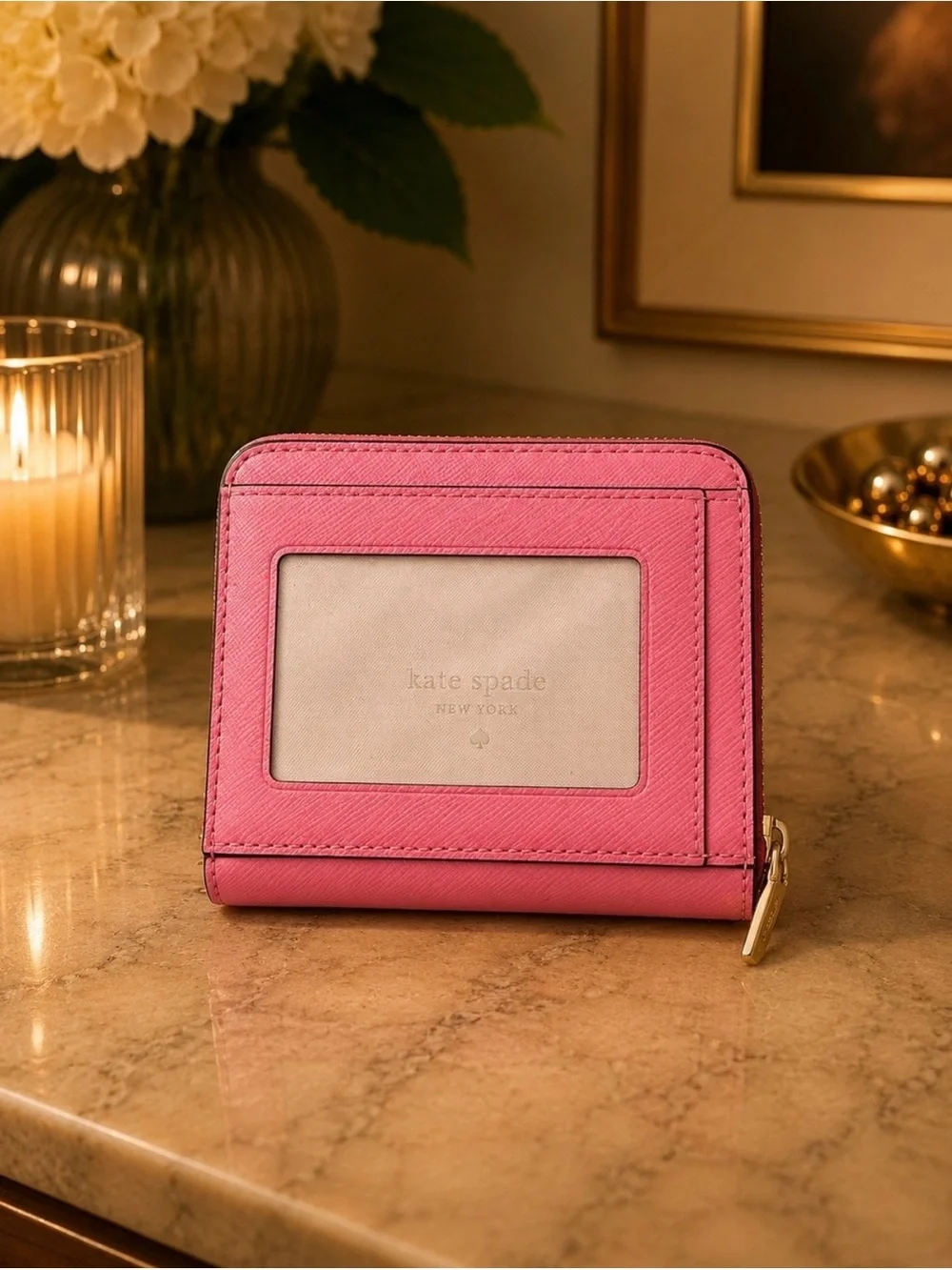 Kate Spade Pink Saffiano Bifold Zip Wallet with Gold Accents